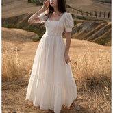 Elegant Embroidery Lace Dress Vintage White Summer Women Dresses Puff Sleeve Bandage Ladies Party Woman Dress Vestidos